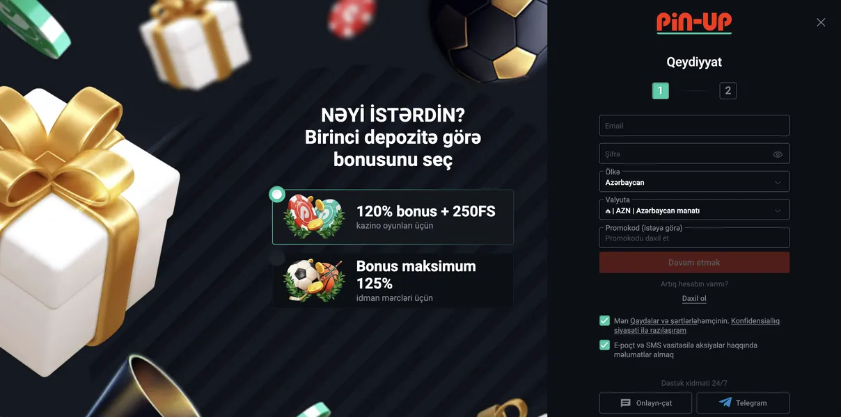 PinUp AZ-də qeydiyyat və şəxsi kabinet imkanları